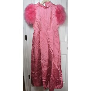Handmade 60s women's prom Formal dress With Back Zipper Pink Satin Fur Trim M***